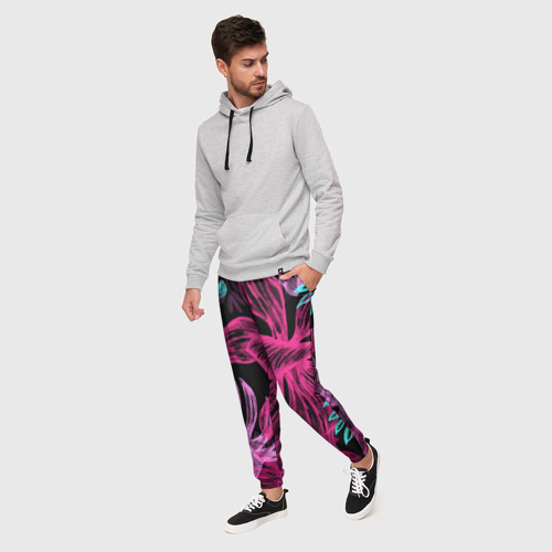 Мужские брюки 3D с принтом Папоротниковый неон, фото на моделе #1