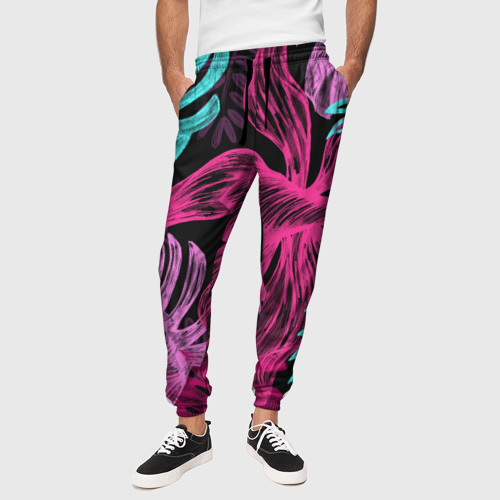Мужские брюки 3D с принтом Папоротниковый неон, вид сбоку #3
