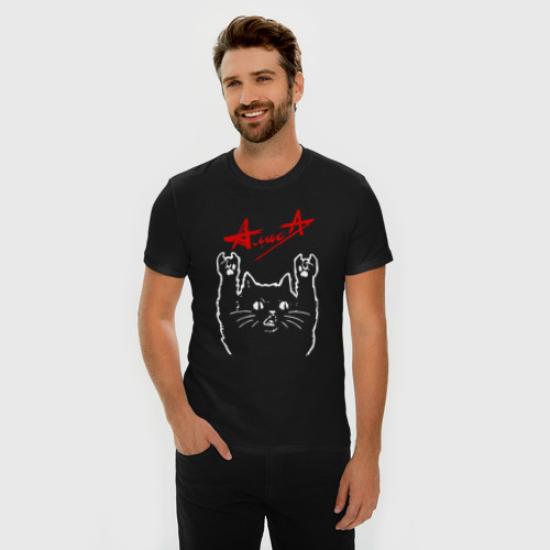 Мужская футболка хлопок Slim Алиса, Рок кот, цвет черный - фото 3