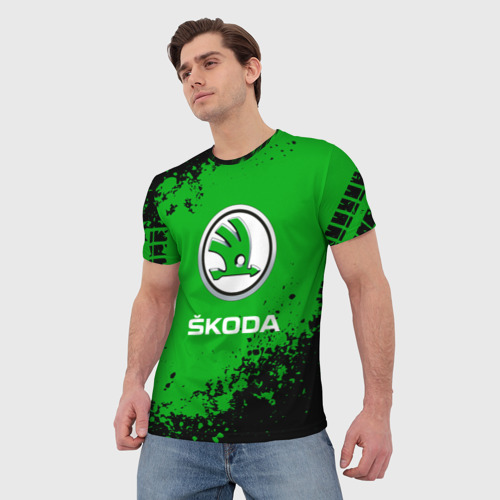 Мужская футболка 3D с принтом Skoda следы от шин, фото на моделе #1