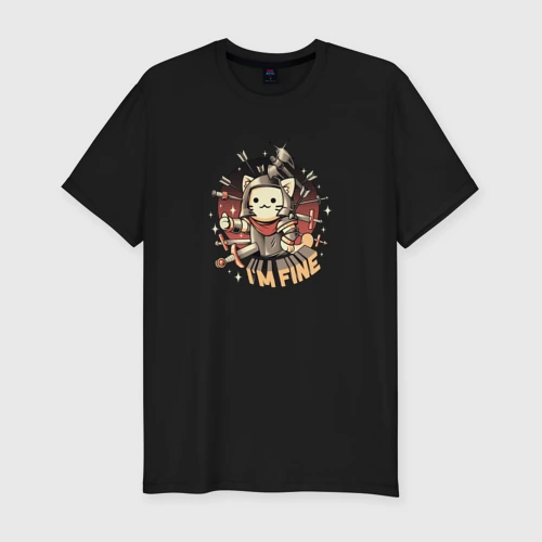 Мужская футболка хлопок Slim Cat is Fine - милый маленький рыцарь кот мем