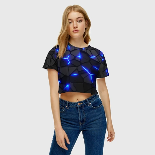 Женская футболка Crop-top 3D Cyberpunk броня синяя сталь текстура