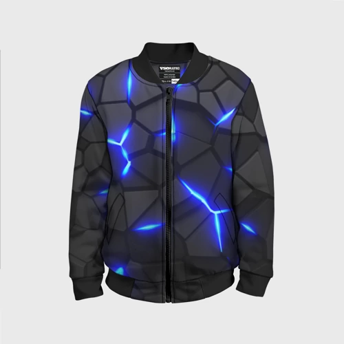 Детский бомбер 3D с принтом Cyberpunk броня синяя сталь текстура, вид спереди #2