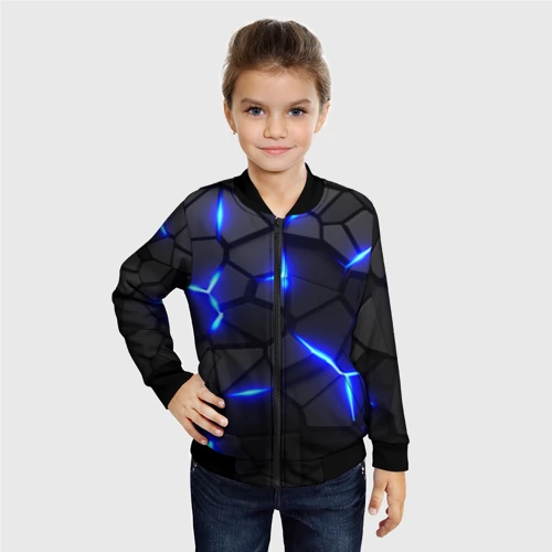 Детский бомбер 3D с принтом Cyberpunk броня синяя сталь текстура, фото на моделе #1