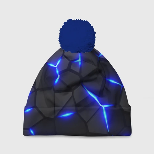 Шапка 3D c помпоном Cyberpunk броня синяя сталь текстура