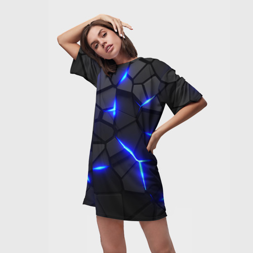 Платье-футболка 3D Cyberpunk броня синяя сталь текстура, цвет 3D печать - фото 3