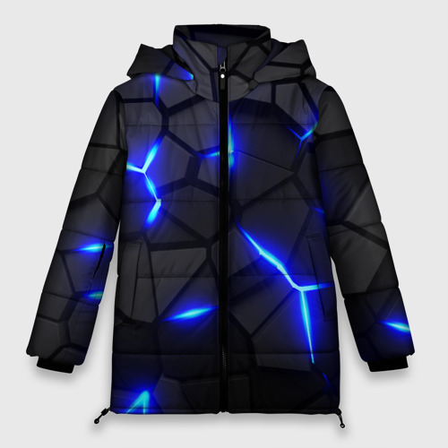 Женская зимняя куртка оверсайз с принтом Cyberpunk 2077: броня синяя сталь, вид спереди №1