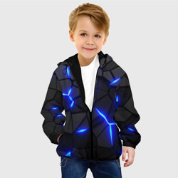 Куртка с принтом Cyberpunk 2077: броня синяя сталь для ребенка, вид на модели спереди №2. Цвет основы: черный