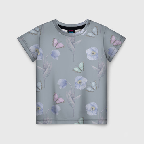 Детская футболка 3D Бабочки и цветы голубого мака, цвет 3D печать