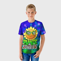Футболка с принтом Plants vs Zombies подсолнух для ребенка, вид на модели спереди №2. Цвет основы: белый