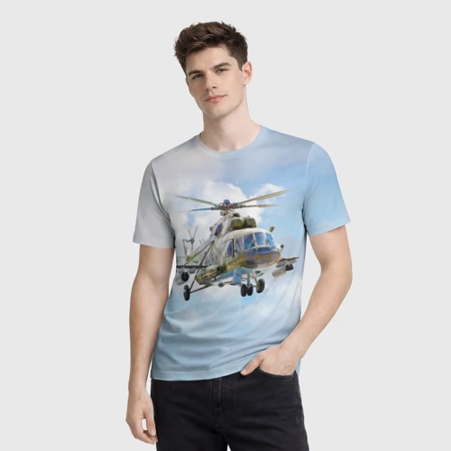 Мужская футболка 3D с принтом Многоцелевой вертолёт МИ-8, фото на моделе #1