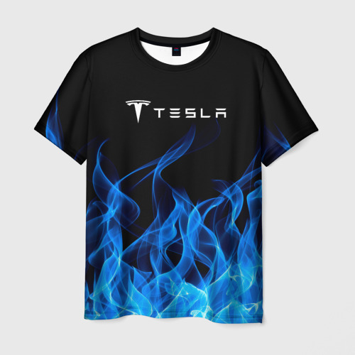 Мужская футболка с принтом Tesla Fire, вид спереди №1