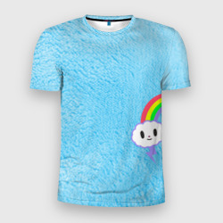 Мужская футболка 3D Slim Облачко на голубом мехе с радугой парная