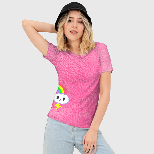 Женская футболка 3D Slim Облачко на розовом мехе с радугой парная, цвет 3D печать - фото 3
