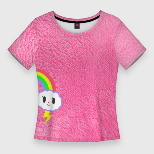 Женская футболка 3D Slim Облачко на розовом мехе с радугой парная, цвет 3D печать