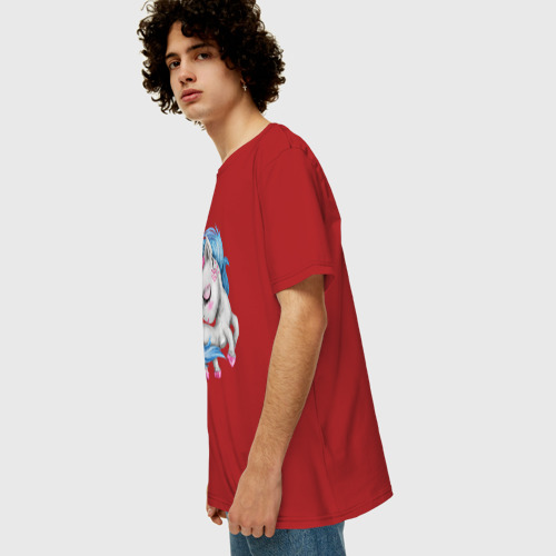 Мужская футболка хлопок Oversize с принтом Единорог с голубой гривой, вид сбоку #3
