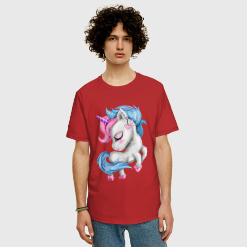 Мужская футболка хлопок Oversize с принтом Единорог с голубой гривой, фото на моделе #1