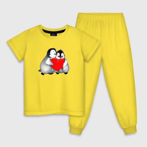 Детская пижама хлопок Милые Влюбленные Пингвины, цвет желтый