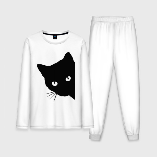 Мужская пижама с лонгсливом из хлопка с принтом Всё тот же чёрный котяра!, вид спереди №1