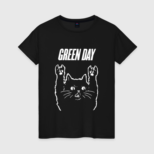 Женская футболка хлопок Green Day Рок кот, цвет черный