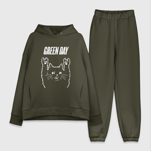 Женский костюм хлопок Oversize с принтом Green Day Рок кот, вид спереди #2