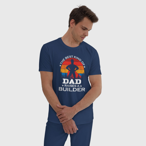 Мужская пижама хлопок Самый лучший папа воспитывает строителя, цвет темно-синий - фото 3