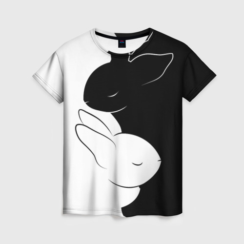 Женская футболка с принтом Черный кролик и белый Инь Янь, вид спереди №1