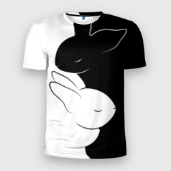 Мужская футболка 3D Slim Черный кролик и белый Инь Янь