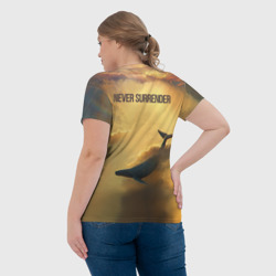 Футболка с принтом Never surrender - кит для женщины, вид на модели сзади №3. Цвет основы: белый