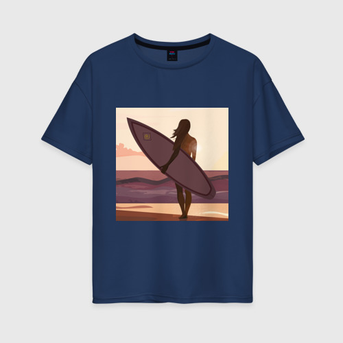 Женская футболка хлопок Oversize с принтом Девушка-серфер, вид спереди #2