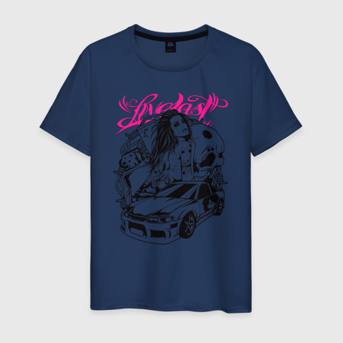 Мужская футболка хлопок с принтом Девушка с тату на авто, вид спереди #2
