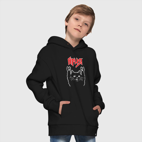 Детское худи Oversize хлопок Ария рок кот, цвет черный - фото 9