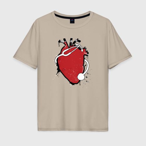 Мужская футболка хлопок Oversize с принтом Фонендоскоп обвивает сердце, вид спереди #2