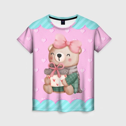 Женская футболка с принтом Мишка с подарками день влюбленных, вид спереди №1