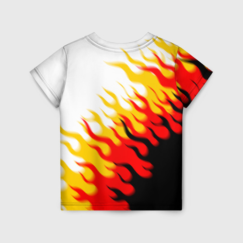 Детская футболка 3D с принтом Mitsubishi трехступенчатый огонь, вид сзади #1