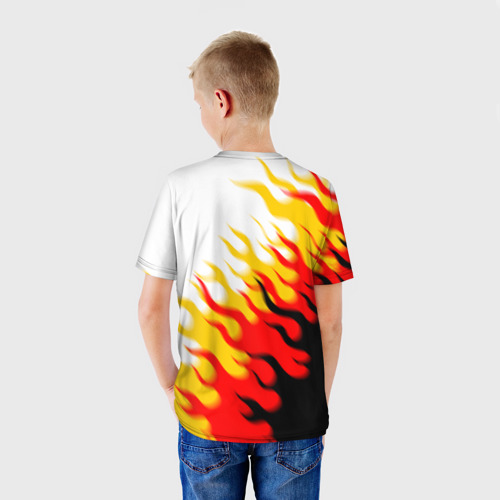 Детская футболка 3D с принтом Mitsubishi трехступенчатый огонь, вид сзади #2