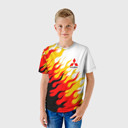 Детская футболка 3D с принтом Mitsubishi трехступенчатый огонь, фото на моделе #1