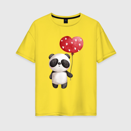 Женская футболка хлопок Oversize Панда с шариком в виде сердца, цвет желтый