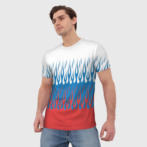 Мужская футболка 3D с принтом Флаг России (пламя), фото на моделе #1