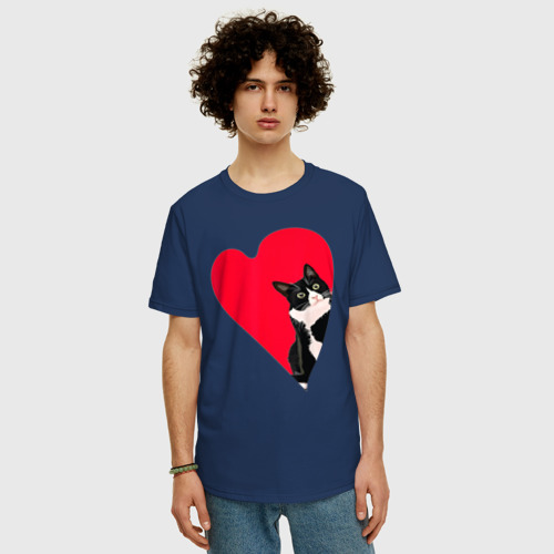 Мужская футболка хлопок Oversize Кот в валентинке, цвет темно-синий - фото 3