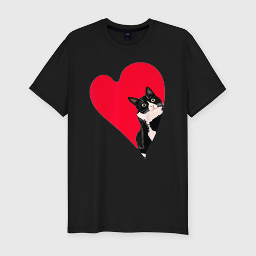 Мужская футболка хлопок Slim Кот в валентинке, цвет черный