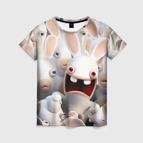 Женская футболка 3D с принтом Бешеные кролики в толпе, вид спереди #2