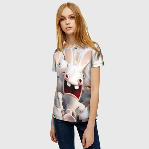 Женская футболка 3D с принтом Бешеные кролики в толпе, фото на моделе #1