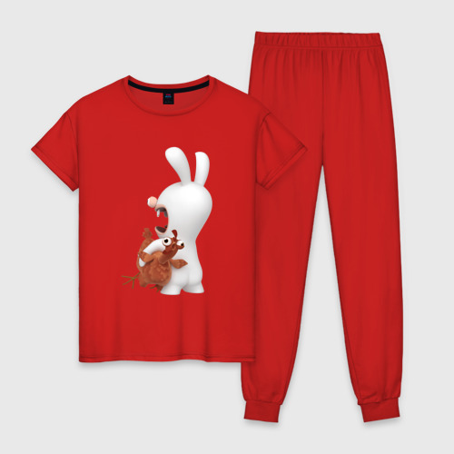 Женская пижама хлопок с принтом Бешеный кролик и курица, вид спереди #2