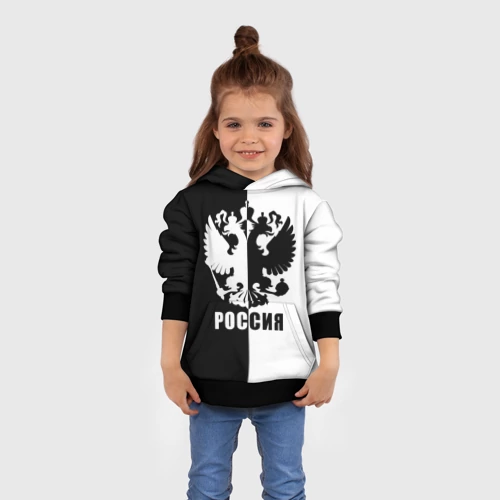 Детская толстовка 3D с принтом Россия чёрно-белое, вид сбоку #3