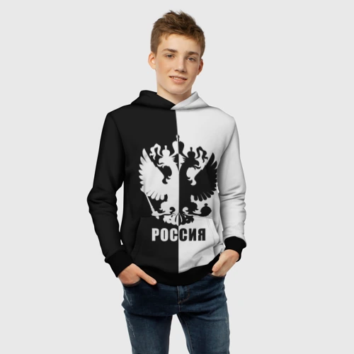 Детская толстовка 3D с принтом Россия чёрно-белое, фото #4