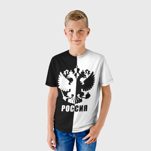 Детская футболка 3D с принтом РОССИЯ (чёрно-белое), фото на моделе #1