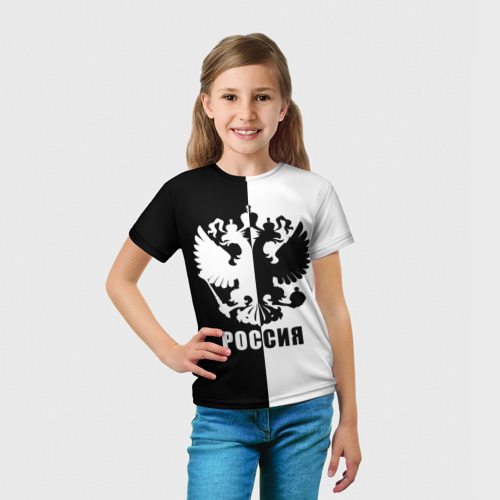 Детская футболка 3D с принтом РОССИЯ (чёрно-белое), вид сбоку #3