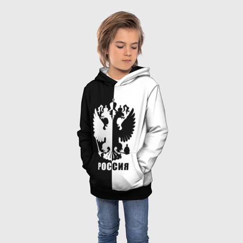 Детская толстовка 3D с принтом Россия чёрно-белое, фото на моделе #1