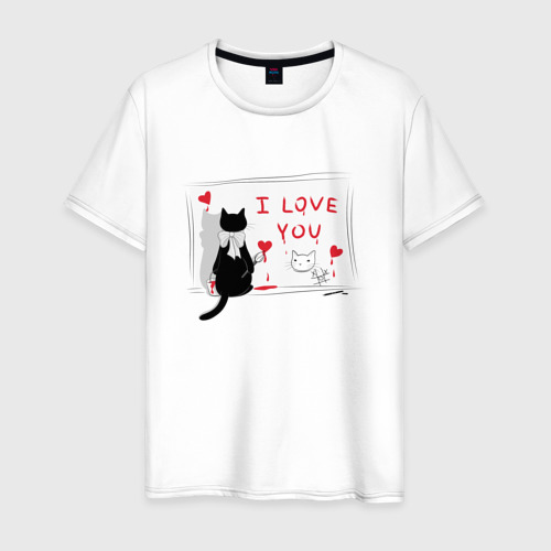 Мужская футболка из хлопка с принтом Влюбленный кот, вид спереди №1
